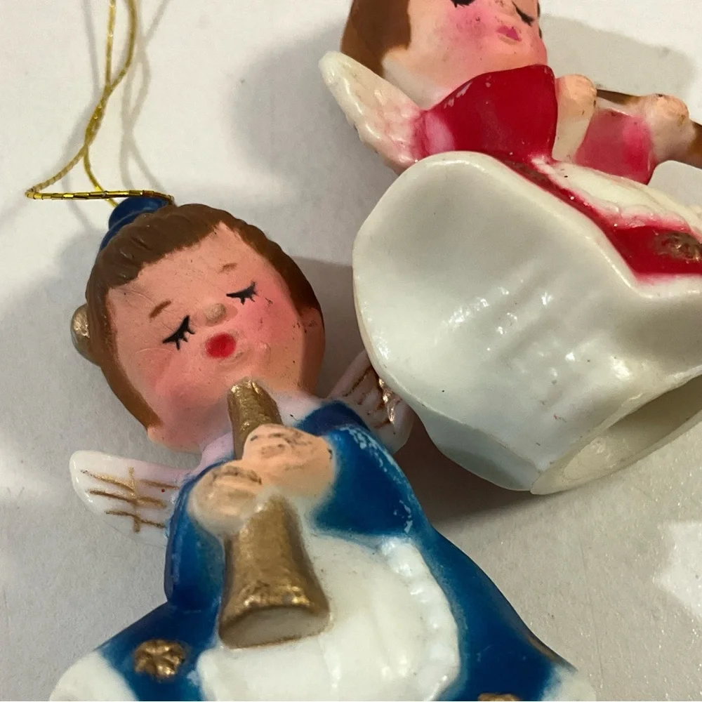 Vintage Lot of 2 MCM Plastic Christmas Angels Red and Blue
